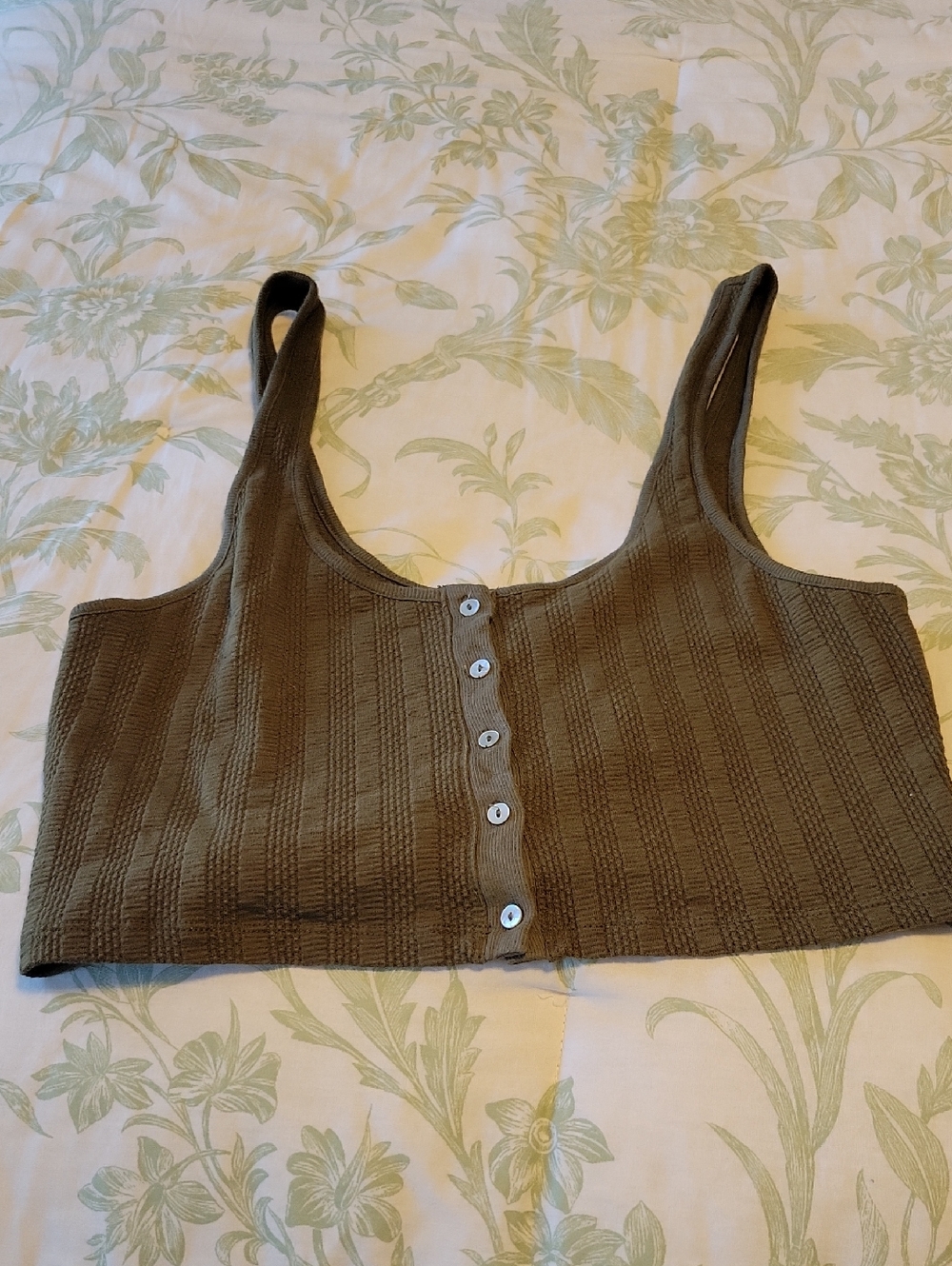 Free People Ribbed Olive Green Button-Front Crop Tank Top